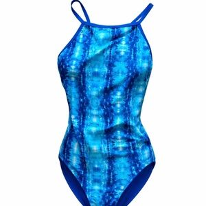 Speedo Pro LT Blue Tie Dye One Piece Swimsuit Open Back Training Suit Size 12/38